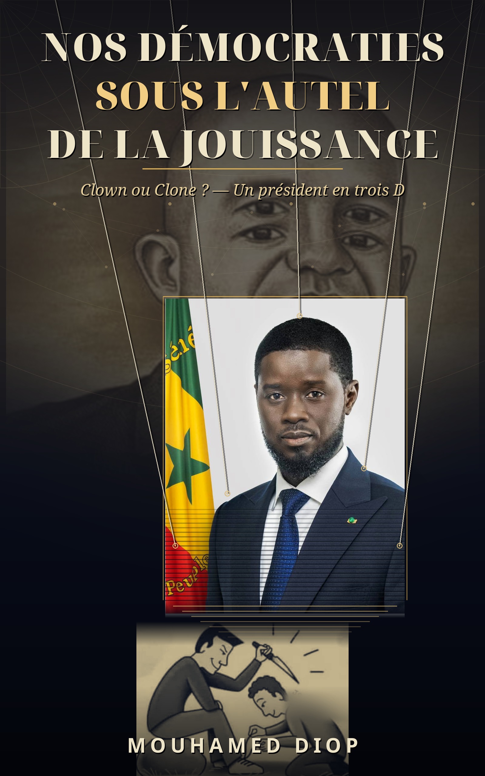 Couverture de Nos démocraties sous l'autel de la jouissance : le portrait spectral d'Ousmane Sonko en fond, Bassirou Diomaye Faye au premier plan, en marionnette du système