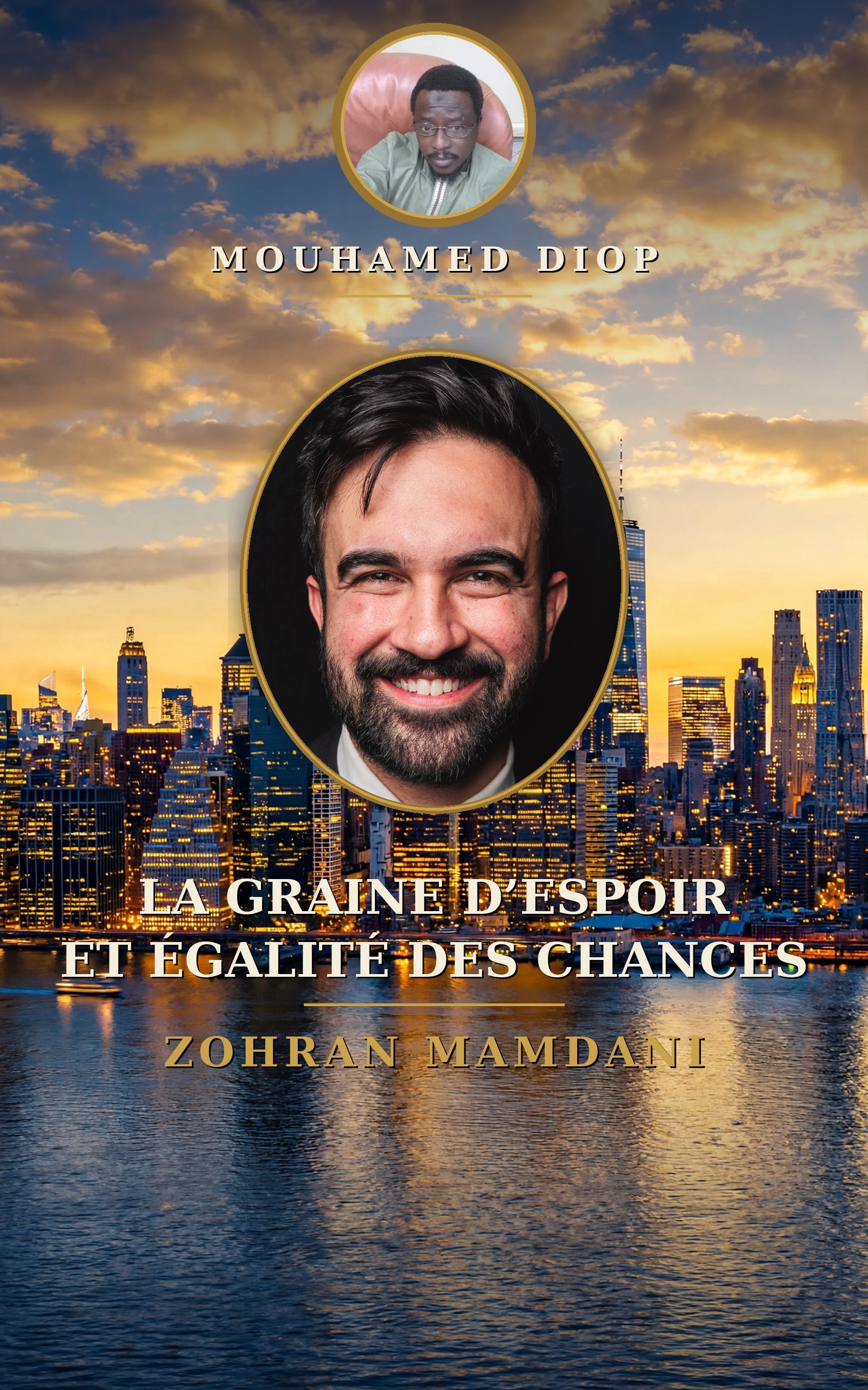 Couverture de La graine d'espoir et égalité des chances : la skyline de New York au couchant, portrait de Zohran Mamdani et photo de l'auteur