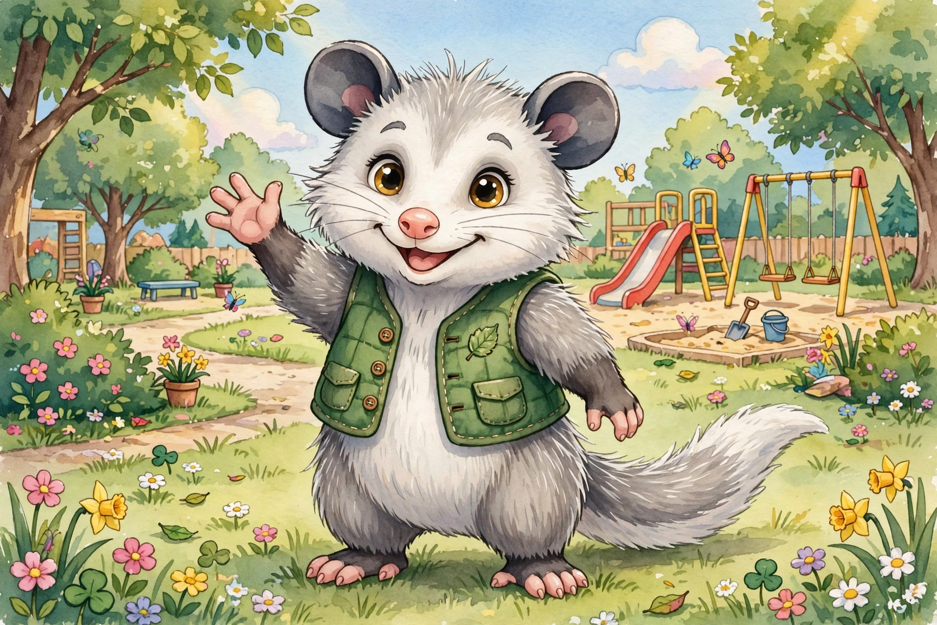 Oppodrake l'opossum dans son parc fleuri