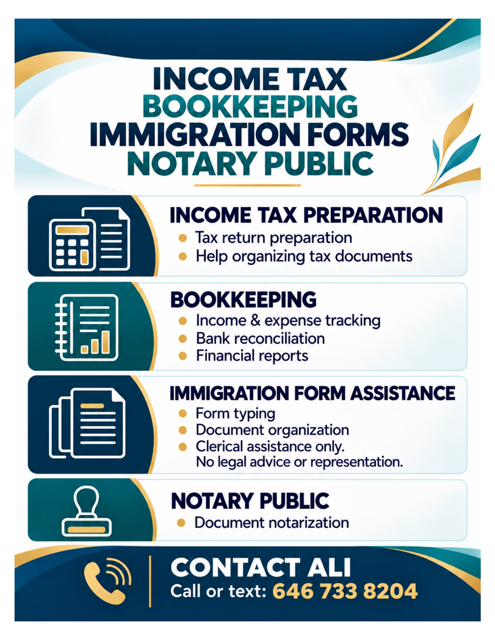 Flyer Ali Services — Income Tax, Bookkeeping, Immigration Forms, Notary Public — Contact Ali, call or text 646 733 8204