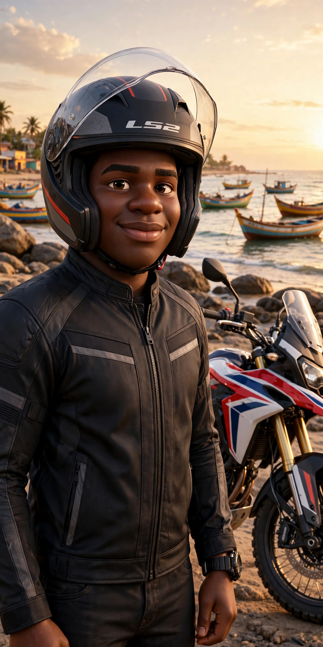 Moussa Scooter en tenue de biker, casque relevé, près de sa moto sur la plage de Yoff
