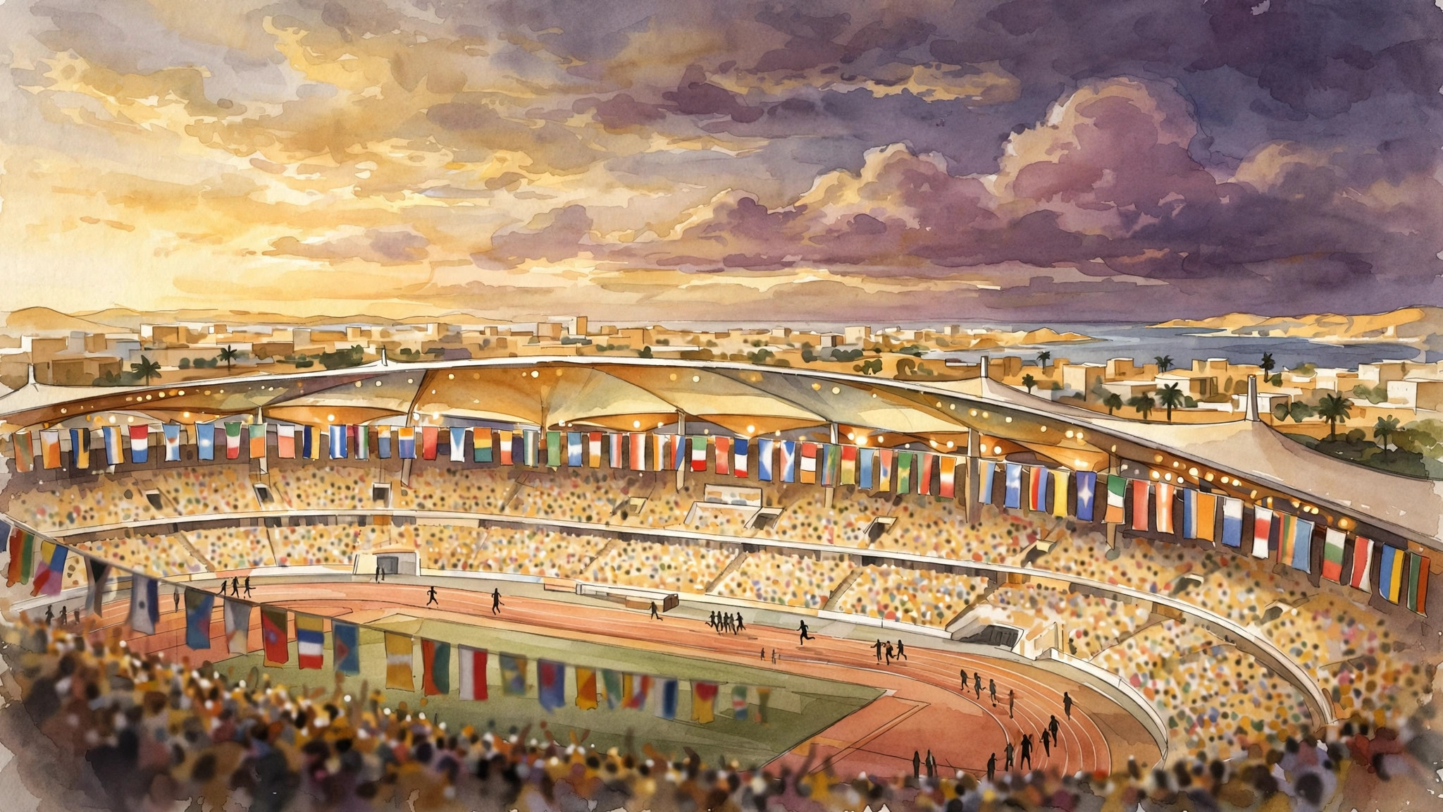 Illustration : un stade olympique au crépuscule à Dakar