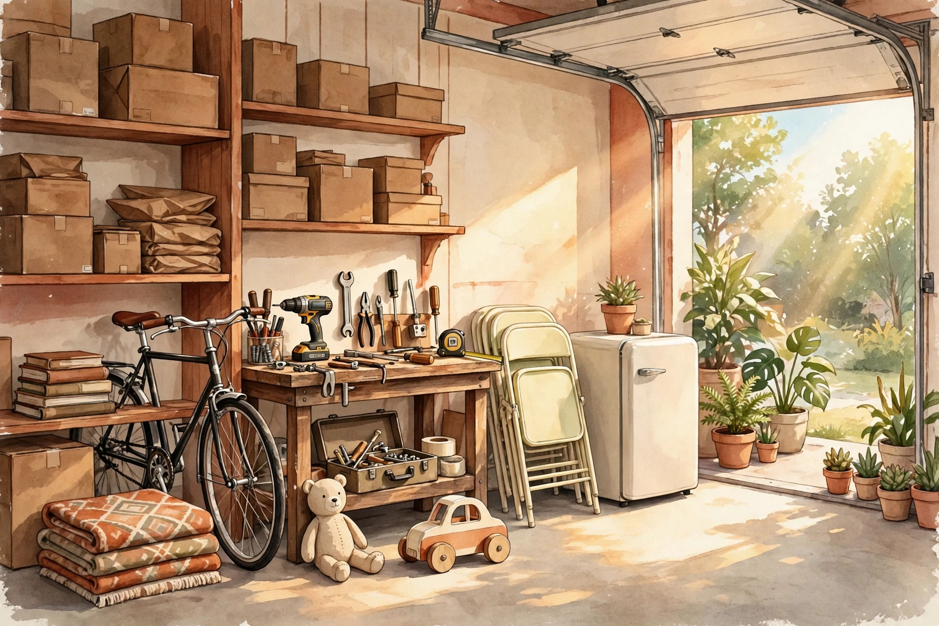 A bright garage full of items ready for a new home: bicycle, tools, books, chairs, plants