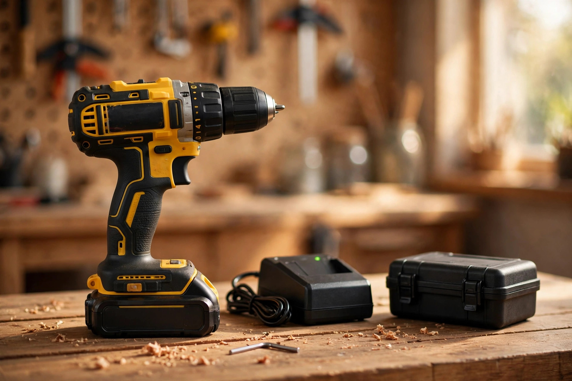 Cordless drill-driver with its charger and case, on a workbench