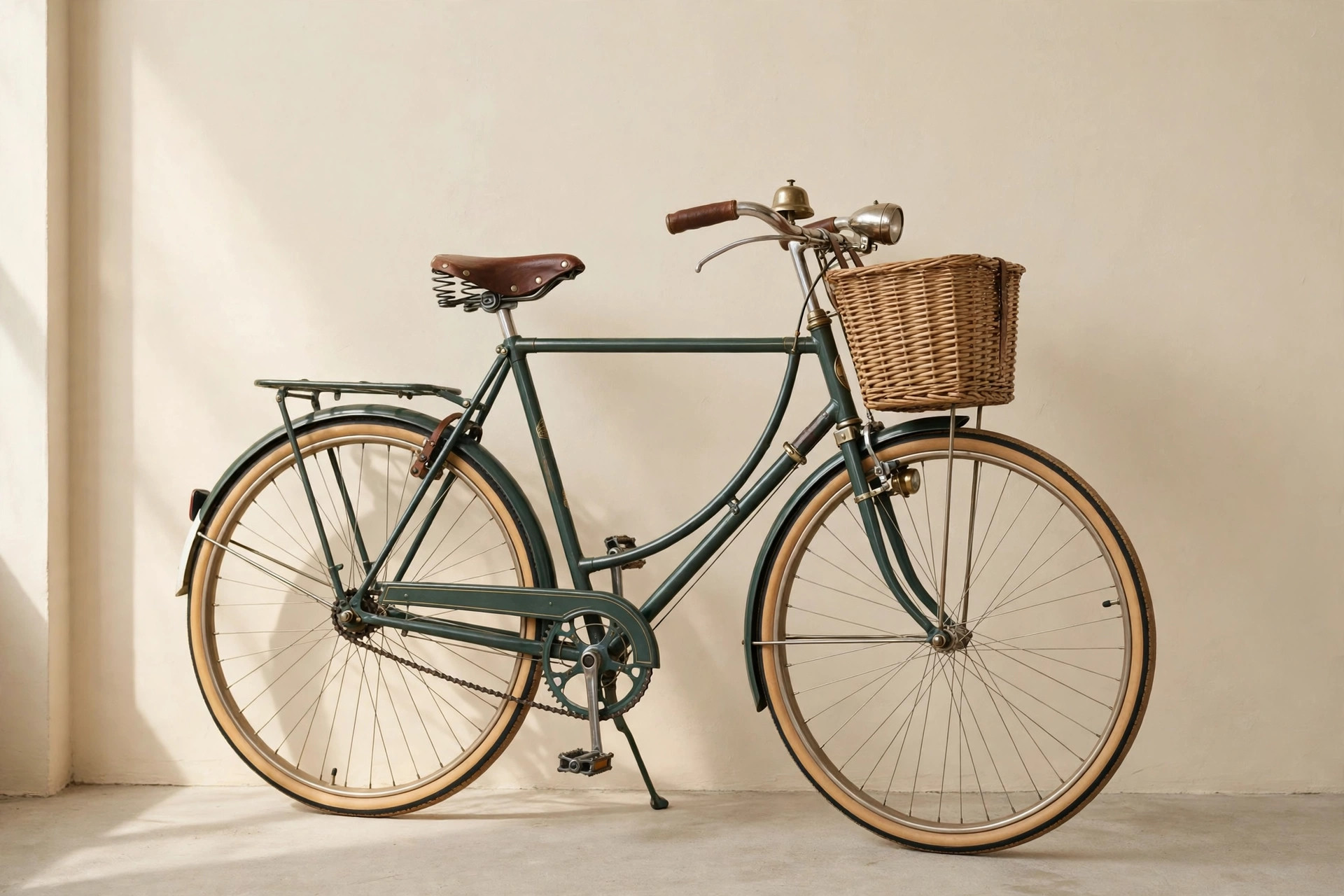 Classic city bicycle with a leather saddle and a wicker basket, against a cream wall